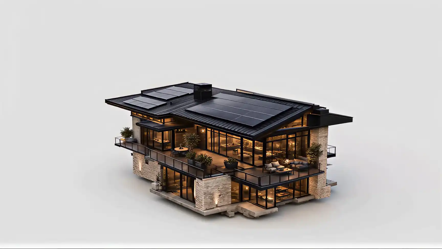 Exploded view of a solar home: panels, racking, roof deck and structure floating apart