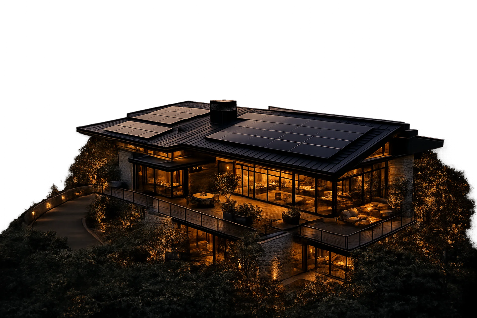 The same home at dusk, windows glowing on stored solar power